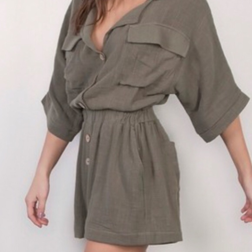 Olive Green Utility Button Front Romper Short Sleeve Casual Jumpsuit - Picture 8 of 12